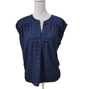 LOFT Size S Navy Blue with White Polka Dot Sleeveless, Split Neck Blouse
